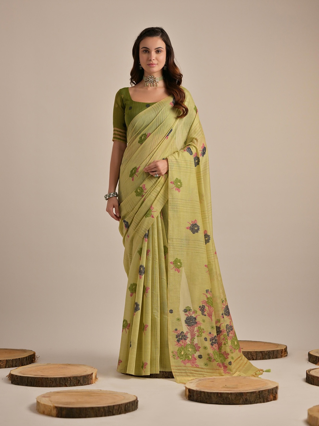 

Kandora Woven Design Floral Pure Cotton Saree, Sea green