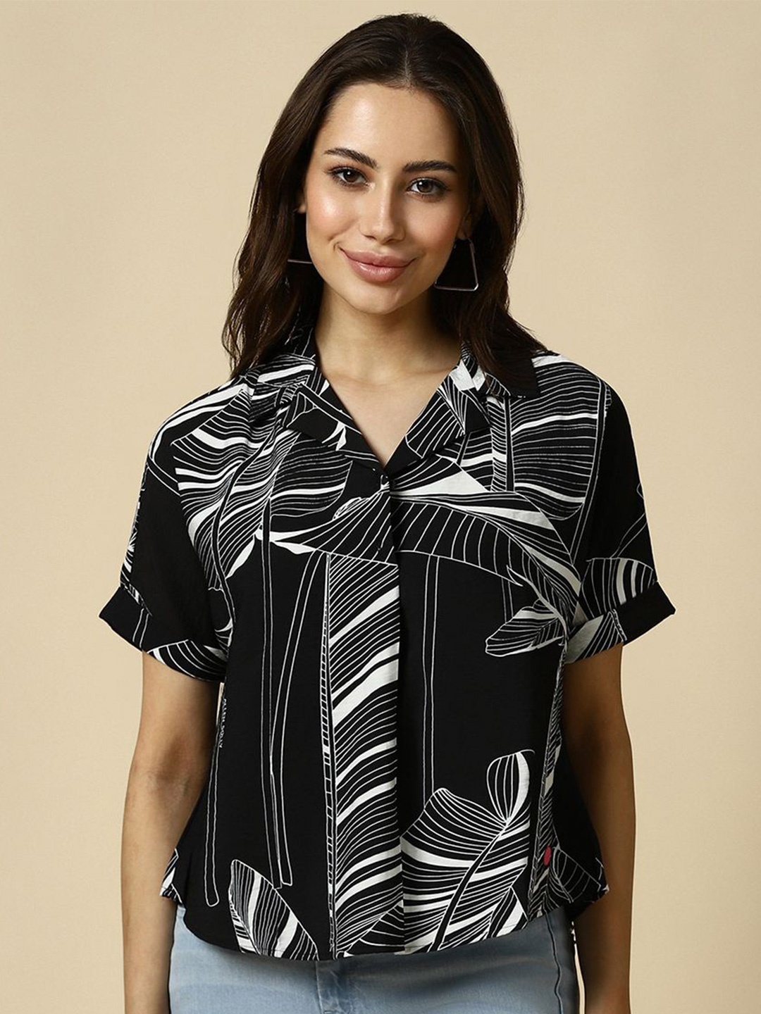 

Allen Solly Woman Cuban Collar Abstract Printed Casual Shirt, Black