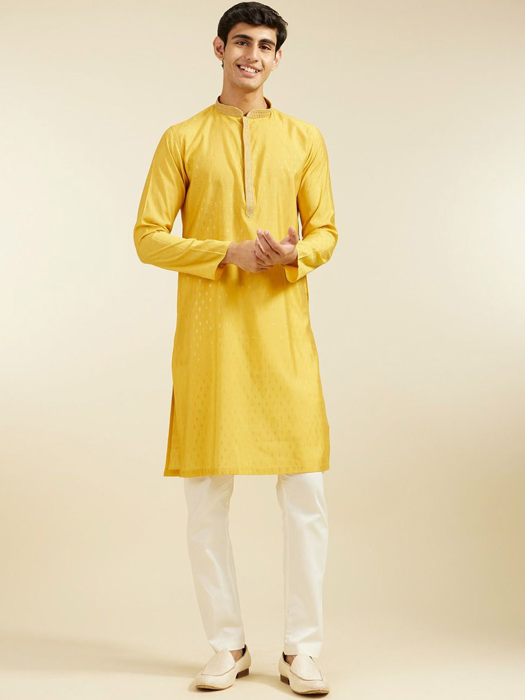 

Diwas by Manyavar Men Woven Design Mandarin Collar Straight Kurta, Mustard