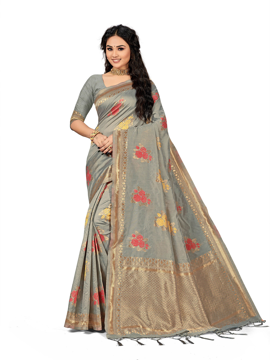 

Maroosh Floral Woven Design Zari Saree, Grey