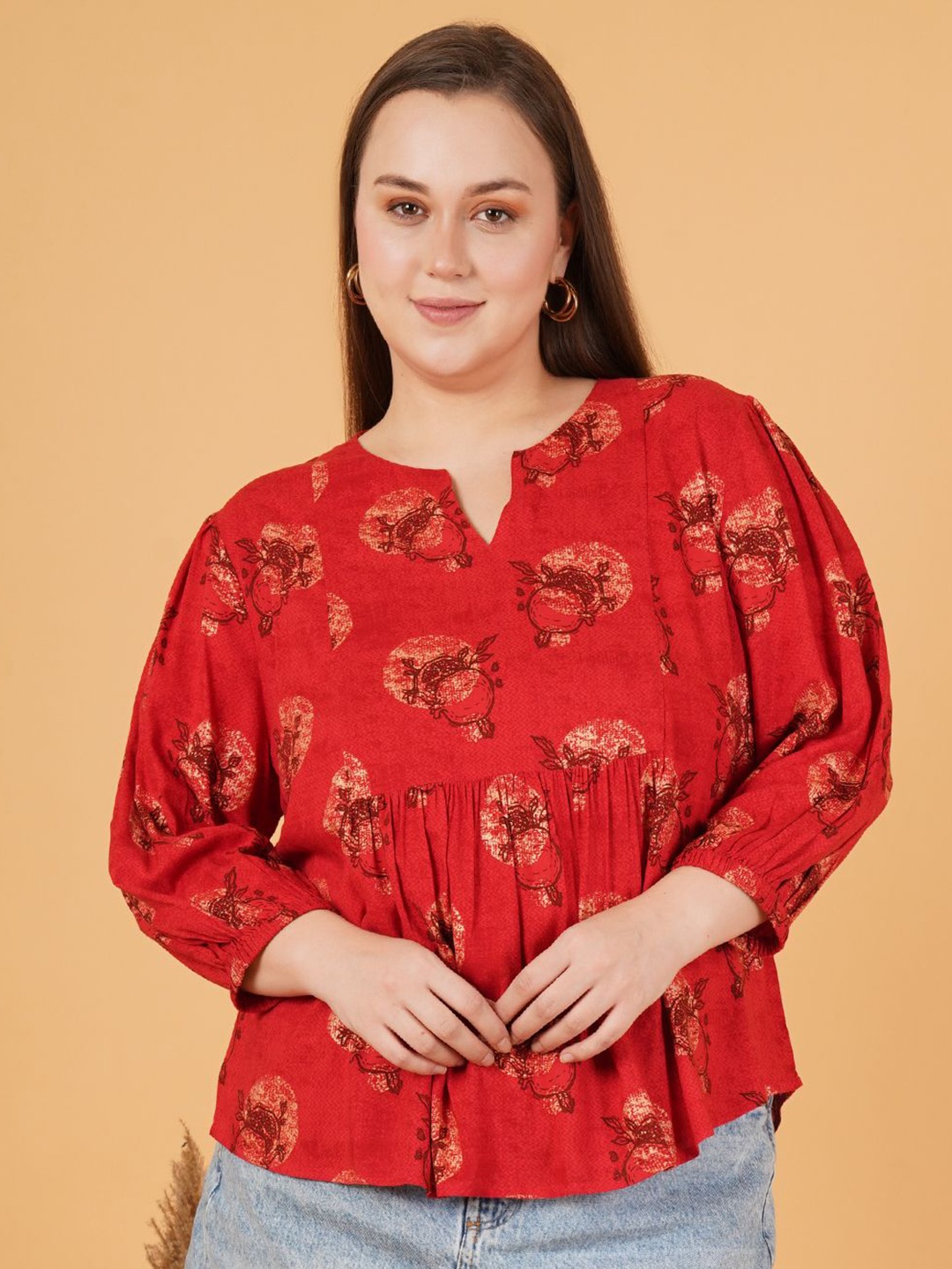 

Sztori Women Ethnic Motifs Printed Round Neck Plus Size Top, Red