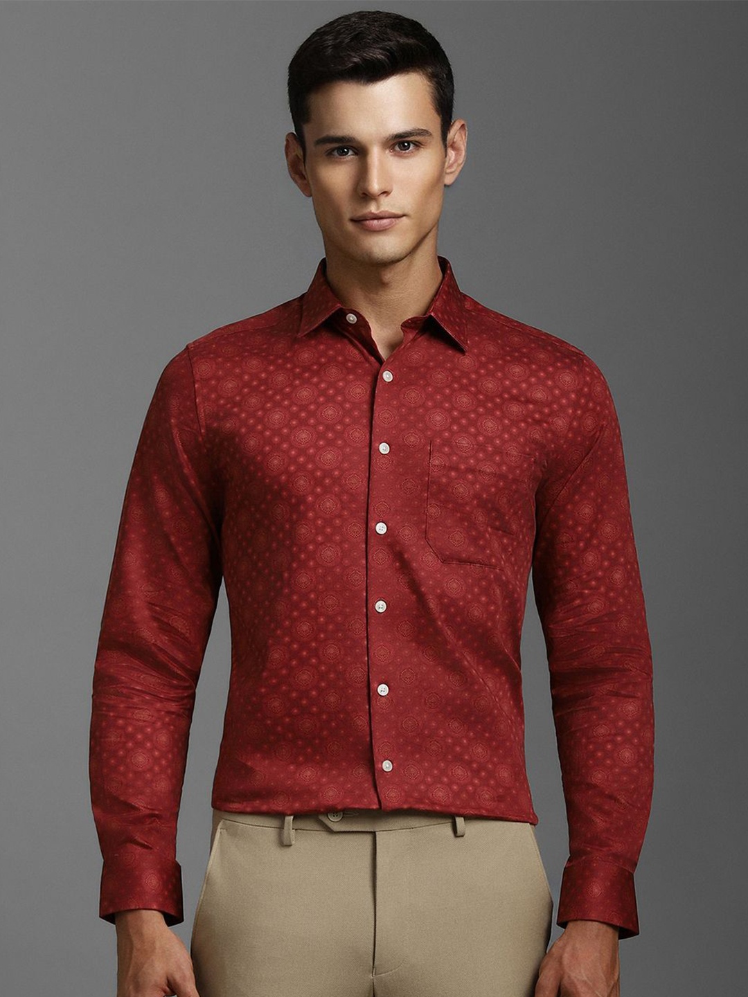 

Louis Philippe Men Spread Collar Ethnic Motifs Printed Cotton Slim Fit Formal Shirt, Maroon