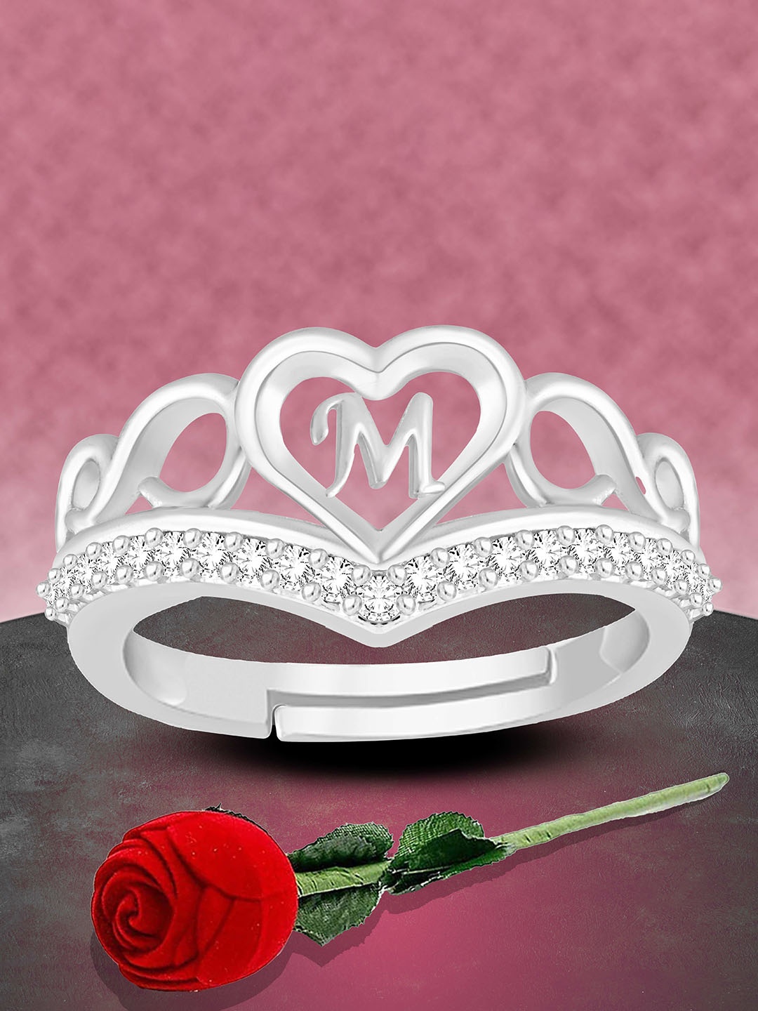 

Heer Collection Unisex Silver-Plated AD Studded Alphabet M Heart Shaped Finger Ring