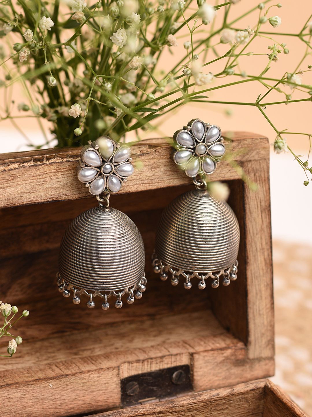 

XPNSV Silver-Plated Stone Studded Floral Jhumkas