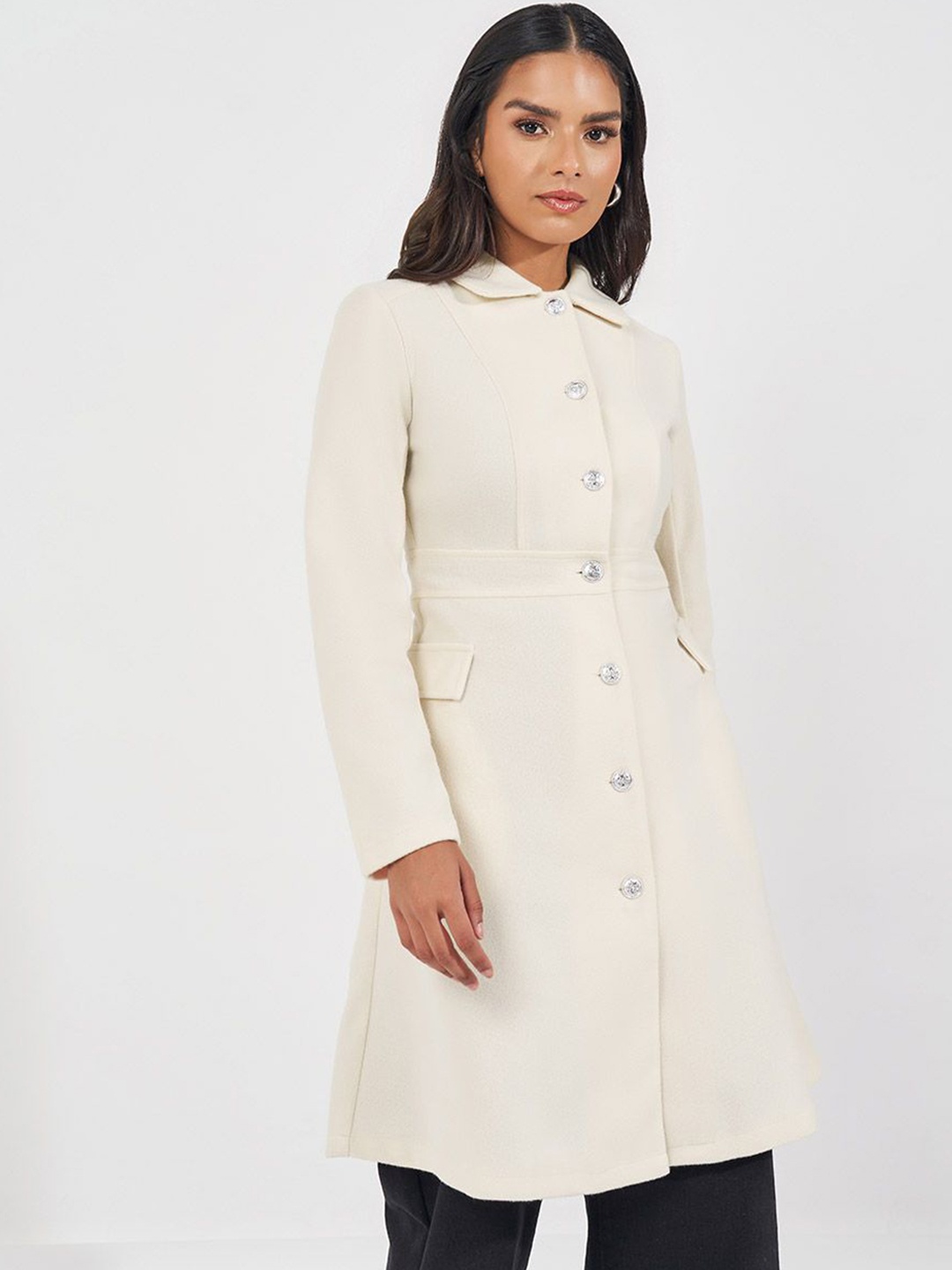 

Styli Women Solid Spread Collar Single-Breasted Overcoat, Off white