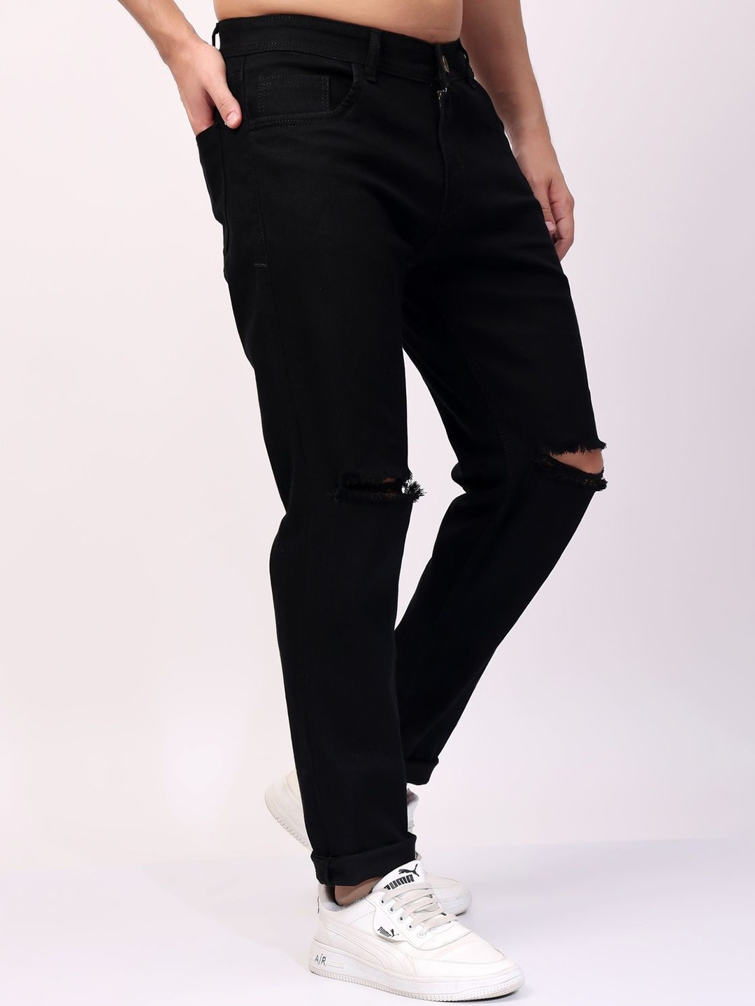

EDITLOOK Men Comfort Slim Fit Slash Knee Jeans, Black