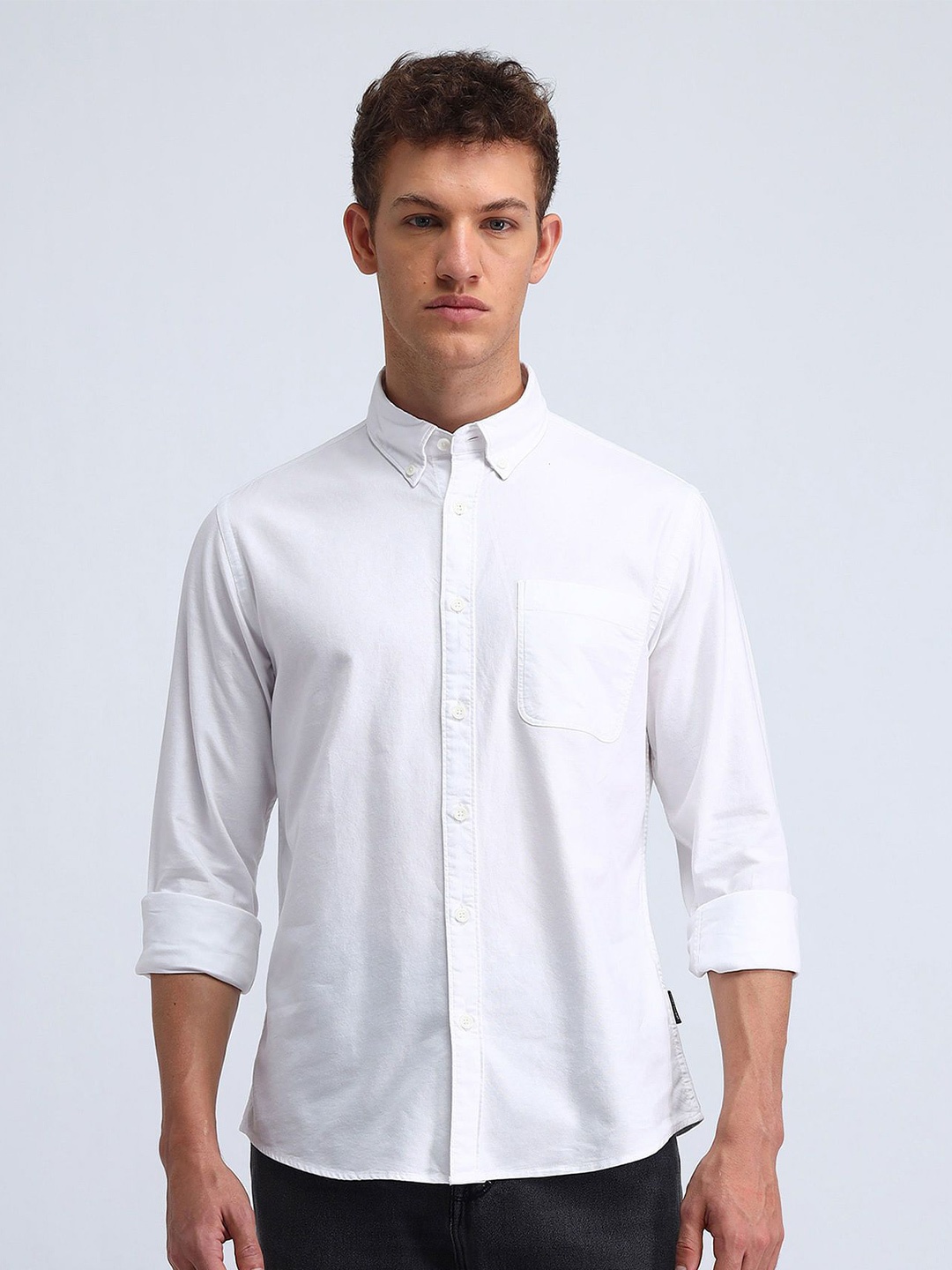 

Flying Machine Men Button-Down Collar Solid Cotton Casual Shirt, White