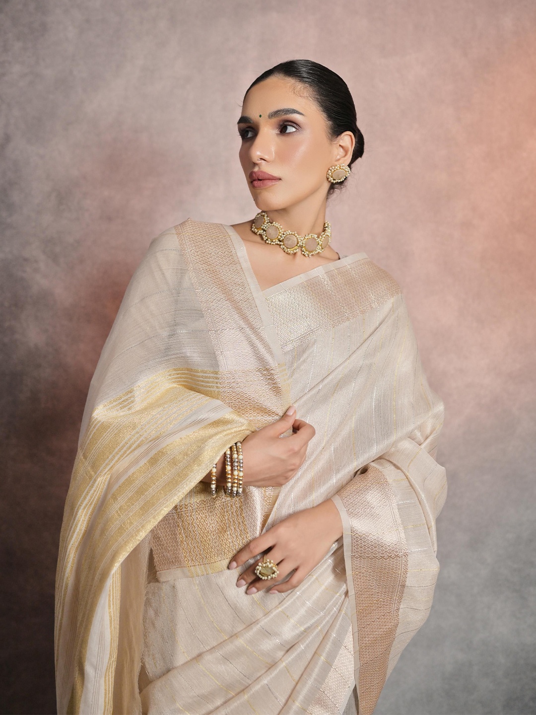 

Kandora Woven Design Zari Pure Silk Banarasi Saree, Cream