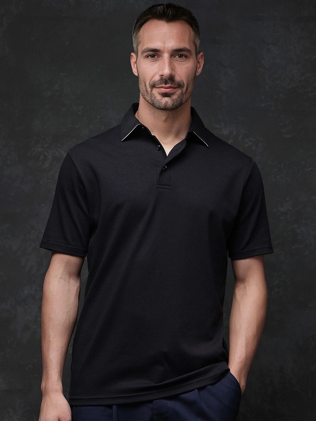 

RARE RABBIT Men Polo Collar Raw Edge T-shirt, Black