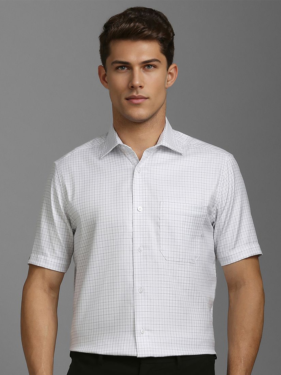 

Louis Philippe Men Classic Spread Collar Checked Cotton Formal Shirt, White