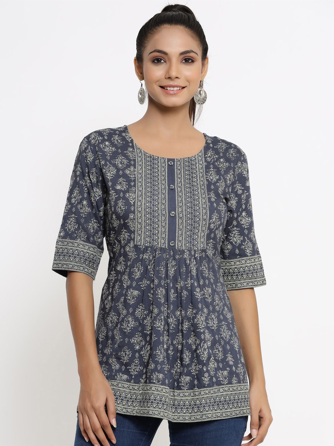 

CHIRAAI Women Ethnic Motifs Printed Round Neck Top, Grey