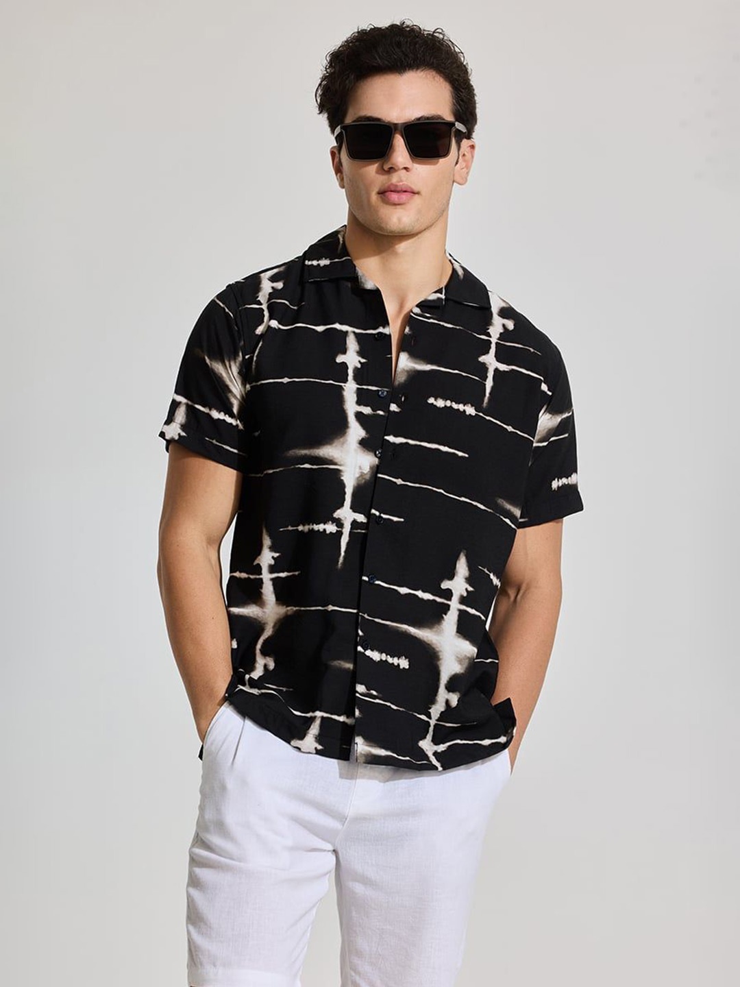 

Snitch Men Smart Cuban Collar Abstract Printed Casual Shirt, Black