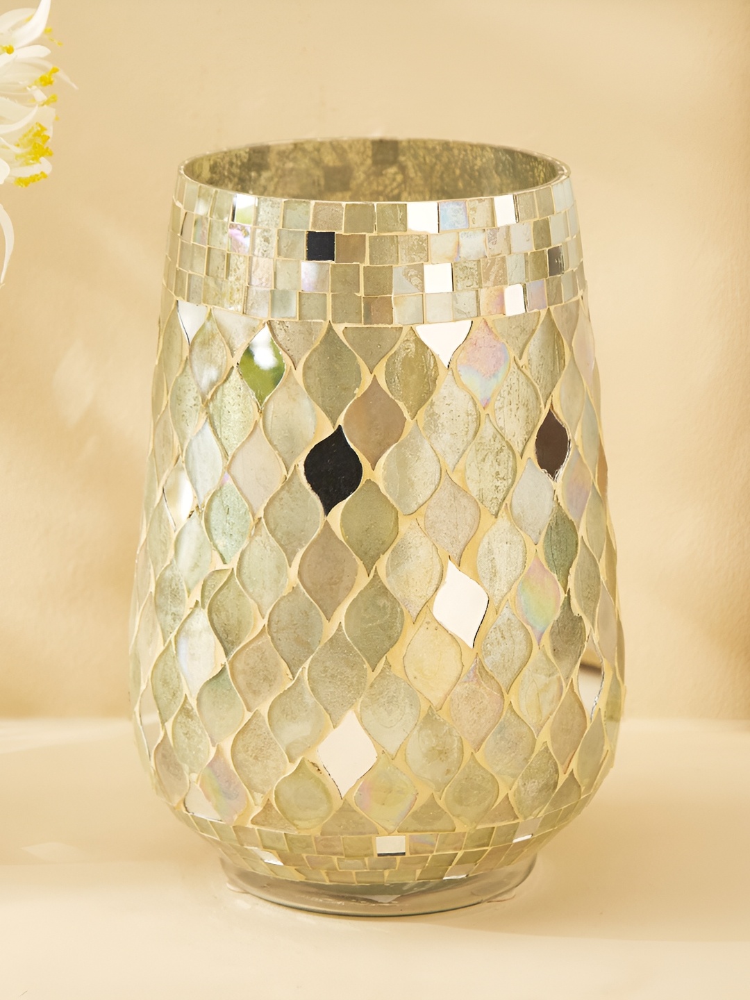 

Home Centre Green & White Glass Mosaic Small Vase