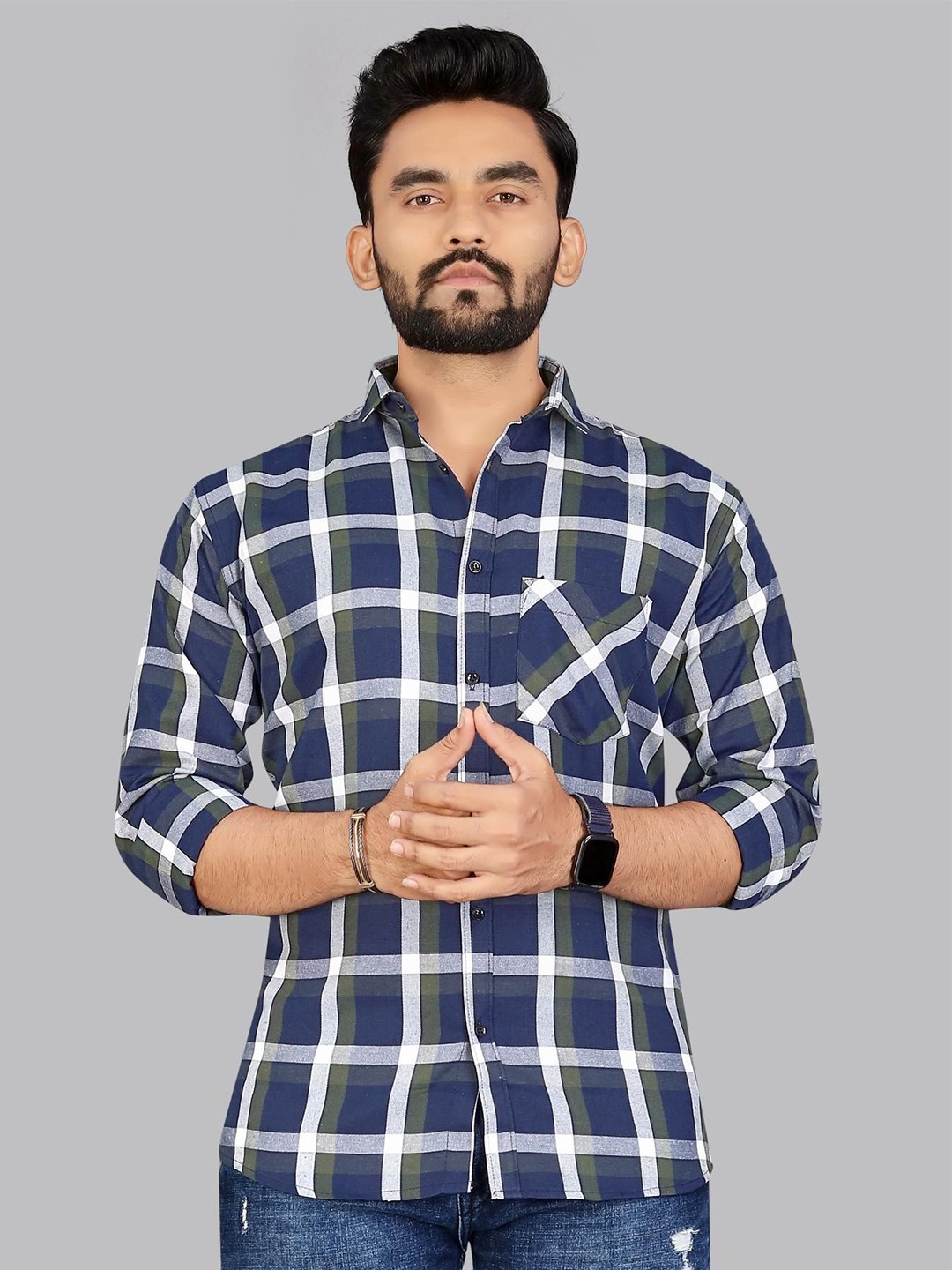 

ADWYN PETER Men Classic Spread Collar Windowpane Checked Cotton Casual Shirt, Navy blue