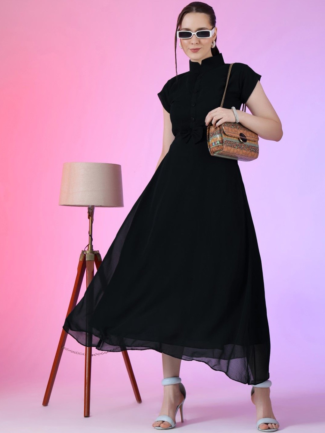 

Femvy Solid Short Sleeves Fit & Flare Maxi Dress, Black