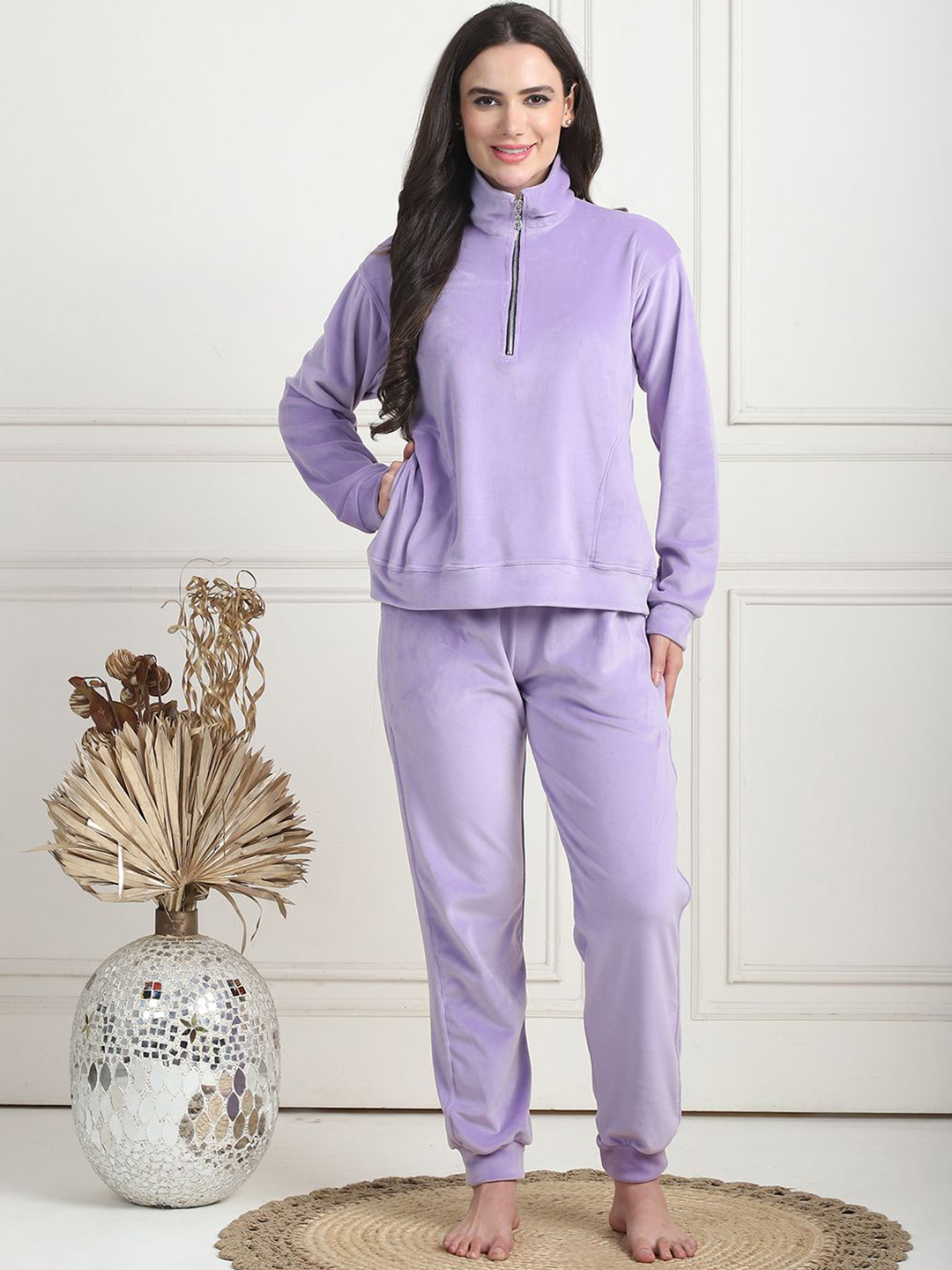 

TAG 7 Women Shirt Collar Solid Night suit, Lavender