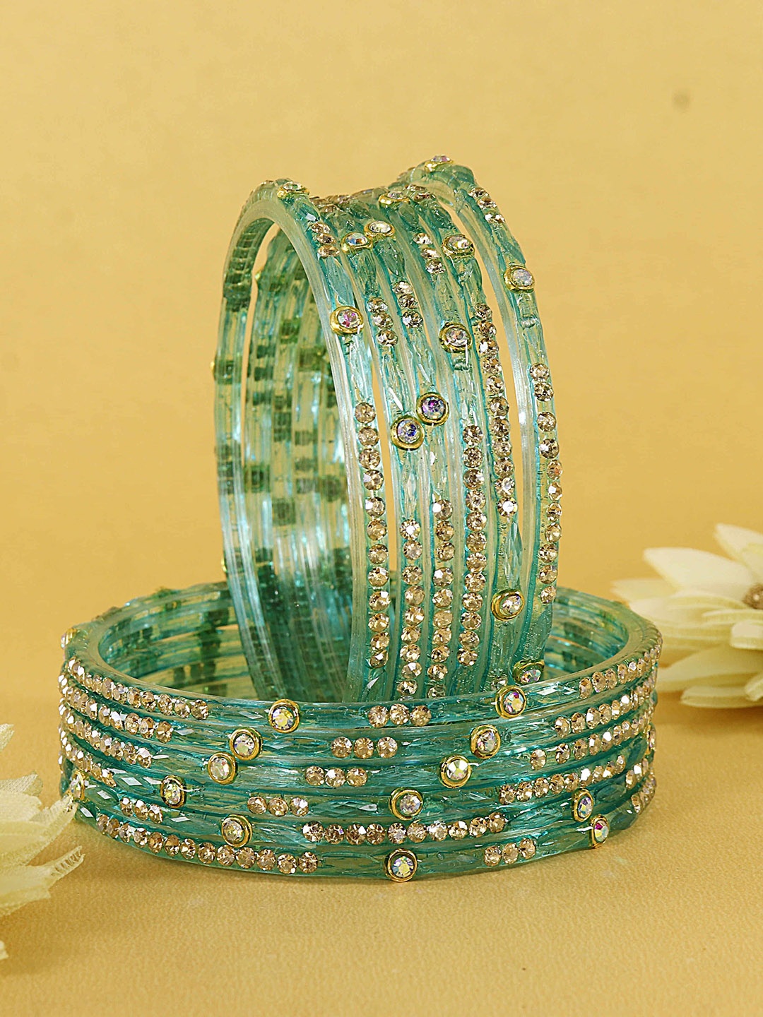 

LAVAZZA Set Of 12 Zircon-Studded Glass Bangles, Turquoise blue