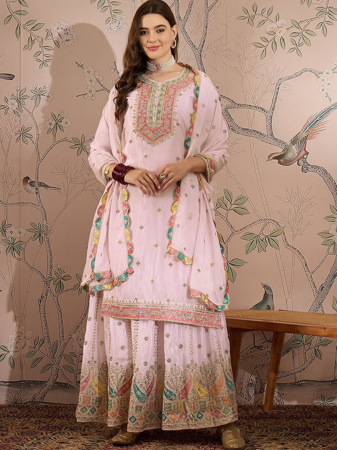 

Miss Ethnik Embroidered Kurta With Skirt & Dupatta, Pink