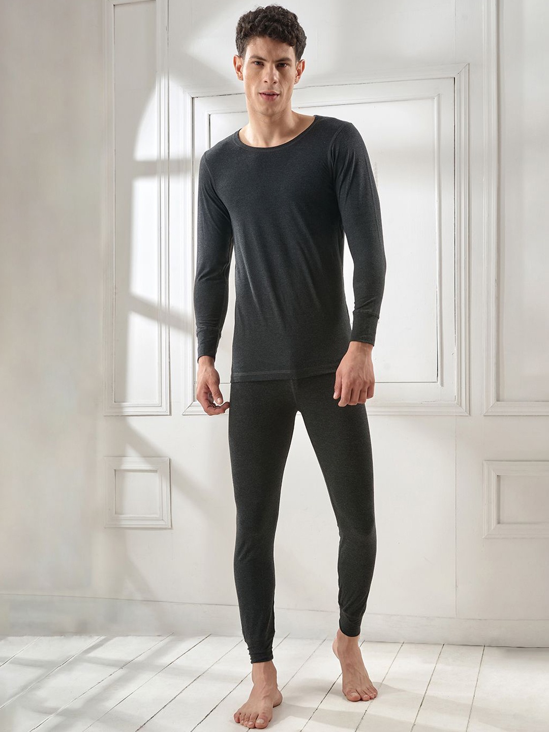 

INFERNO Men Ribbed Cotton Thermal Set, Black
