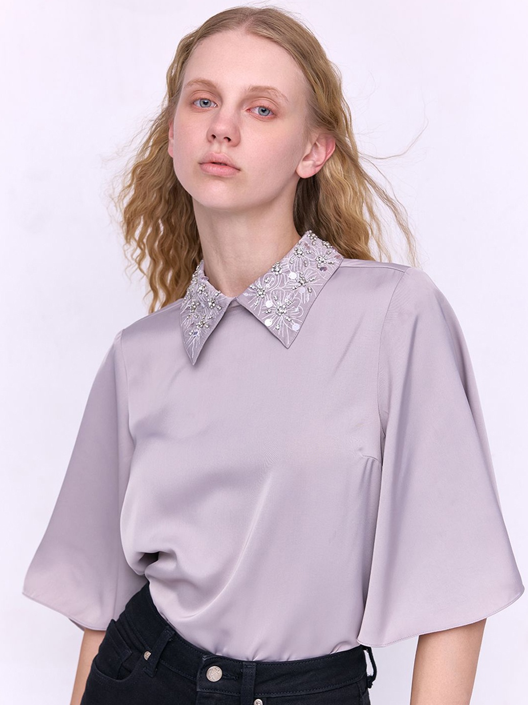 

COVER STORY Women Embellished Peter Pan Collar Top, Grey