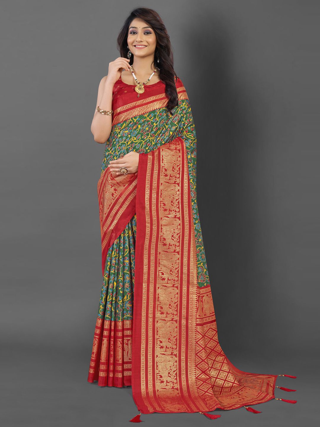 

Mitera Ethnic Motifs Printed Zari Pochampally Saree, Green