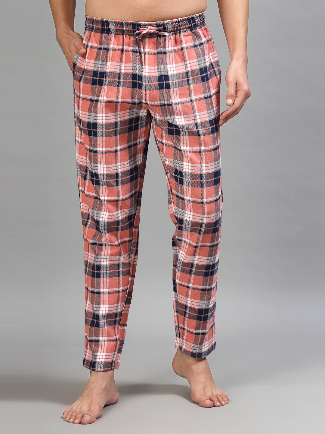 

ETC Checked Pure Cotton Mid-Rise Lounge Pants, Peach