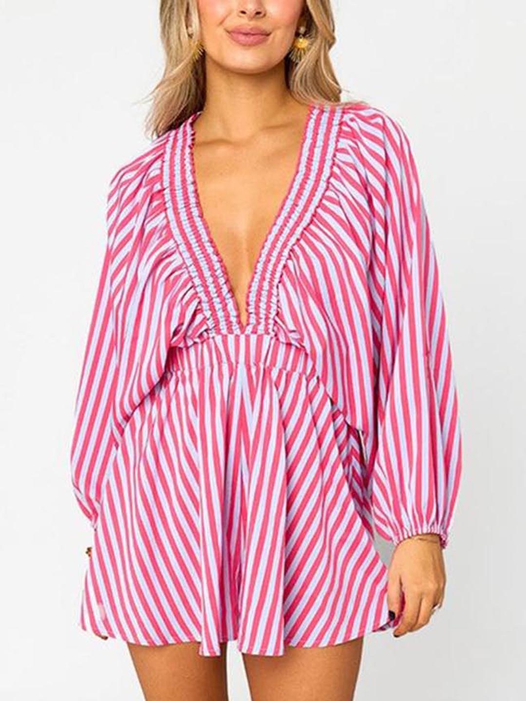 

LULU & SKY Women Striped Plunging Neck Playsuit, Pink