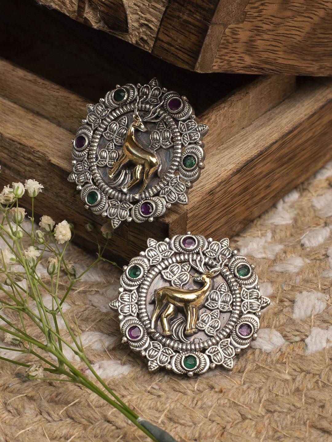 

XPNSV Silver-Plated Oxidised Stone Studded Vintage Deer Akshara Studs