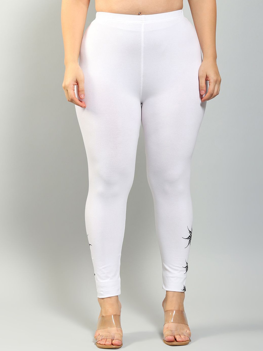 

Plus Size Women Printed Cotton Ankle-Length Leggings, White
