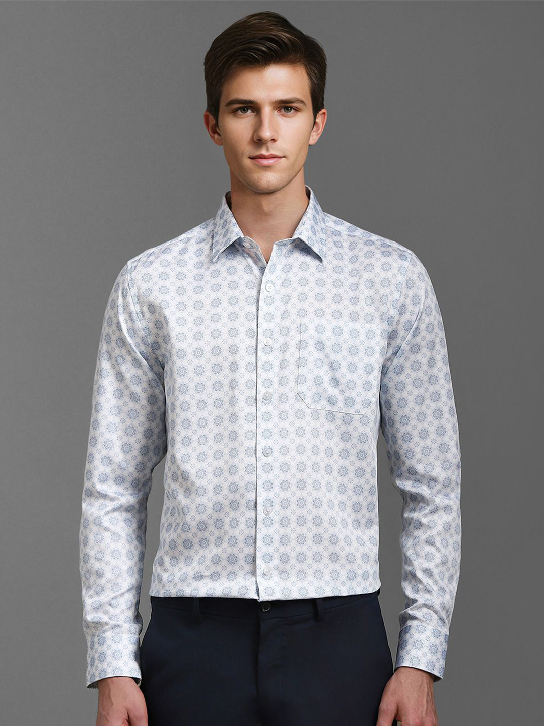 

Louis Philippe Men Spread Collar Ethnic Motifs Printed Cotton Slim Fit Formal Shirt, White