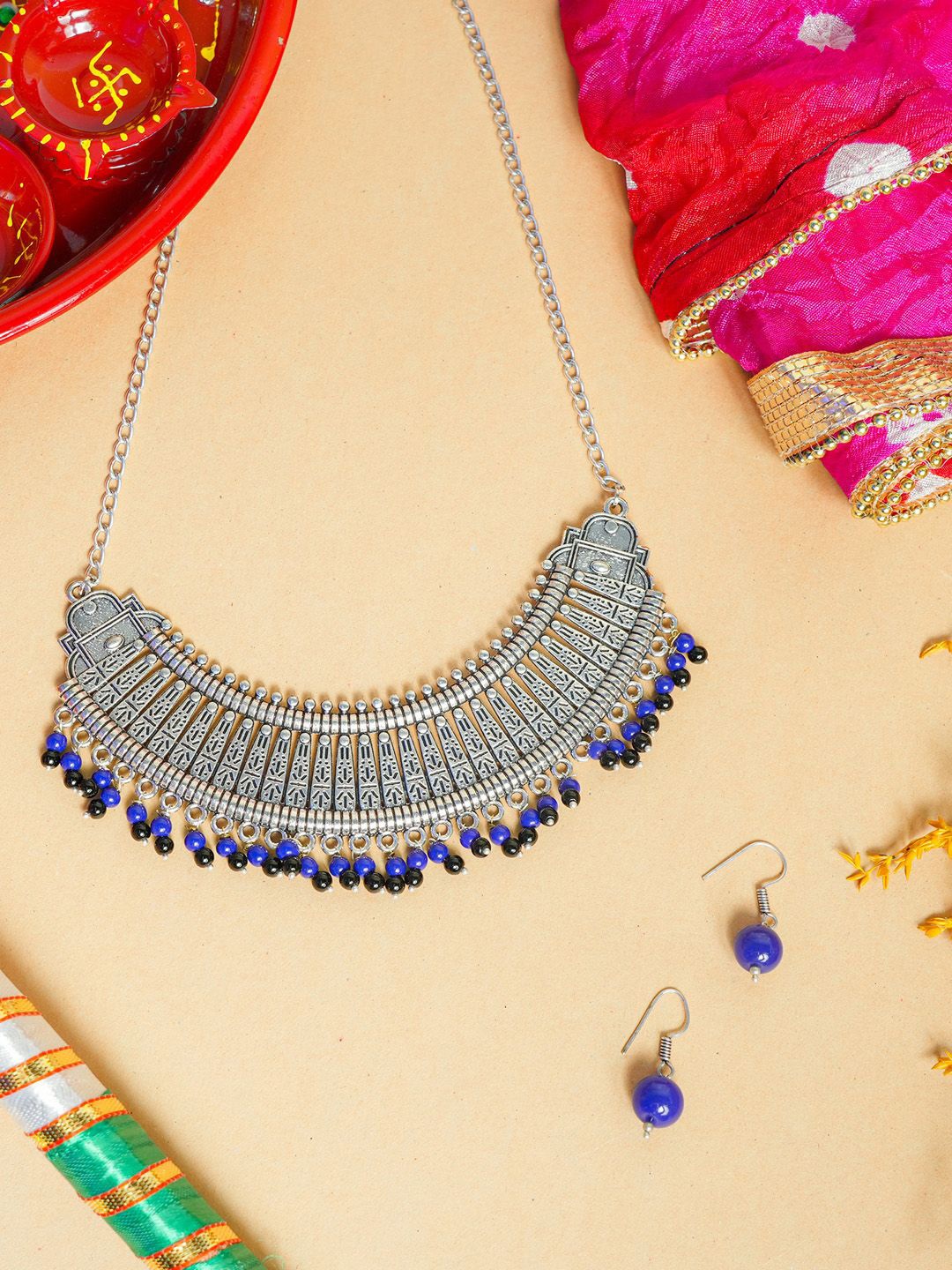 

VIRAASI Oxidised Beaded-Studded Jewellery Set & Dandiya ,Dupatta With Pooja Thali, Silver