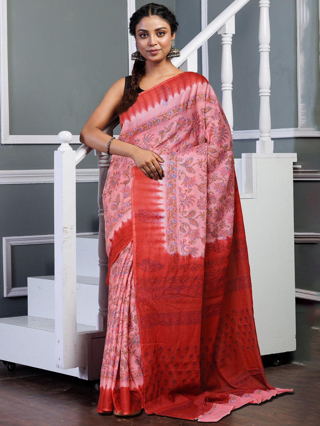 

Unnati Silks Ethnic Motifs Pure Cotton Handloom Block Print Saree, Pink