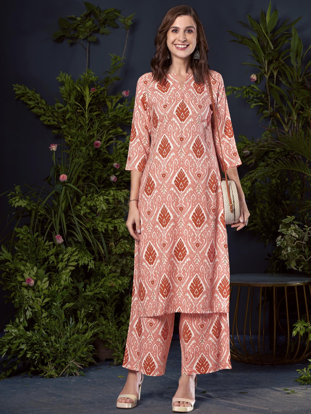 

Anouk Peach and Rust Ethnic Motifs Printed Notch Neck Kurta with Palazzo