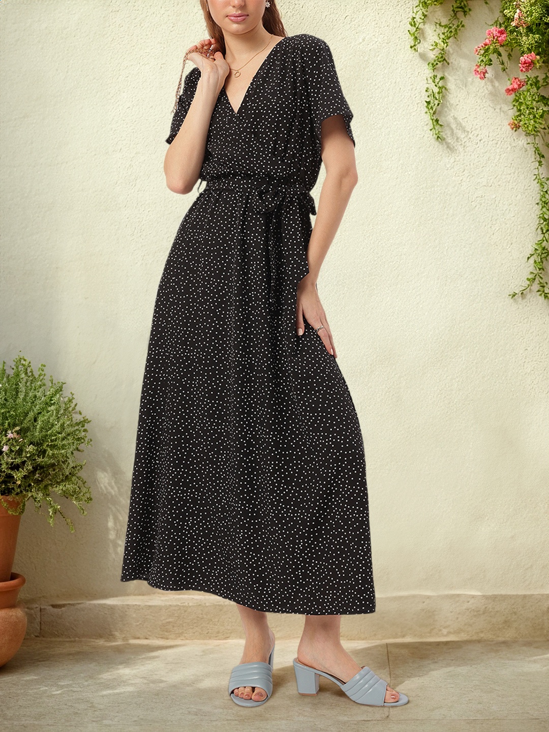

DressBerry Vintage Revival Polka Dots Wrap-Style Maxi Dress, Black