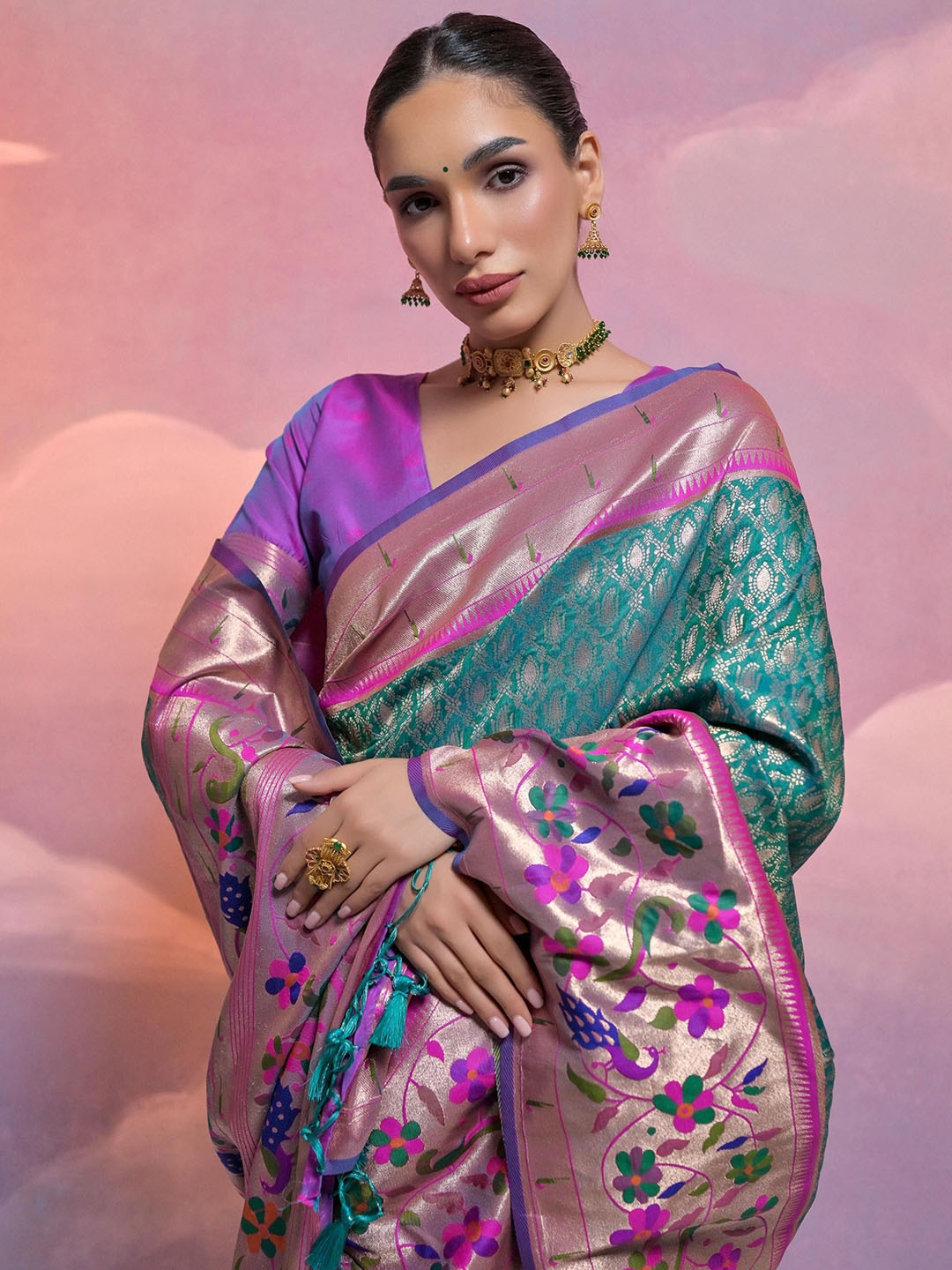 

Kandora Woven Design Zari Pure Silk Banarasi Saree, Teal
