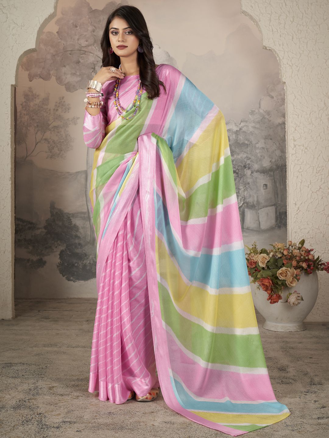 

CHUDIYA Leheriya Printed Pure Chiffon Leheriya Designer Saree, Pink