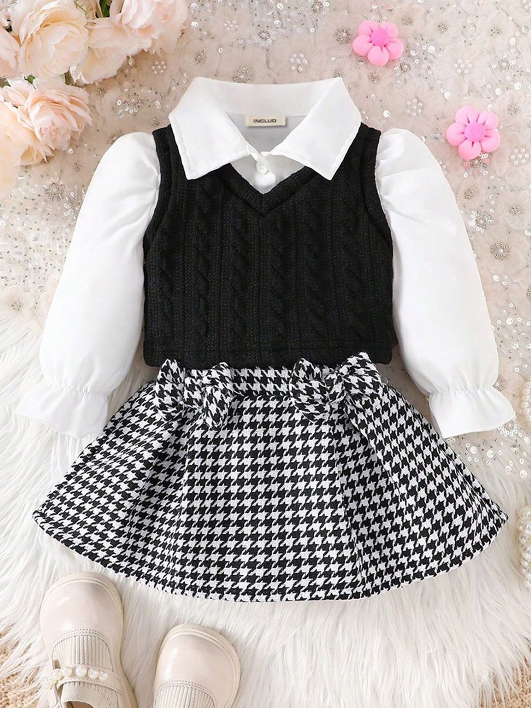 

INCLUD Girls Checked Shirt with Skirt, Black