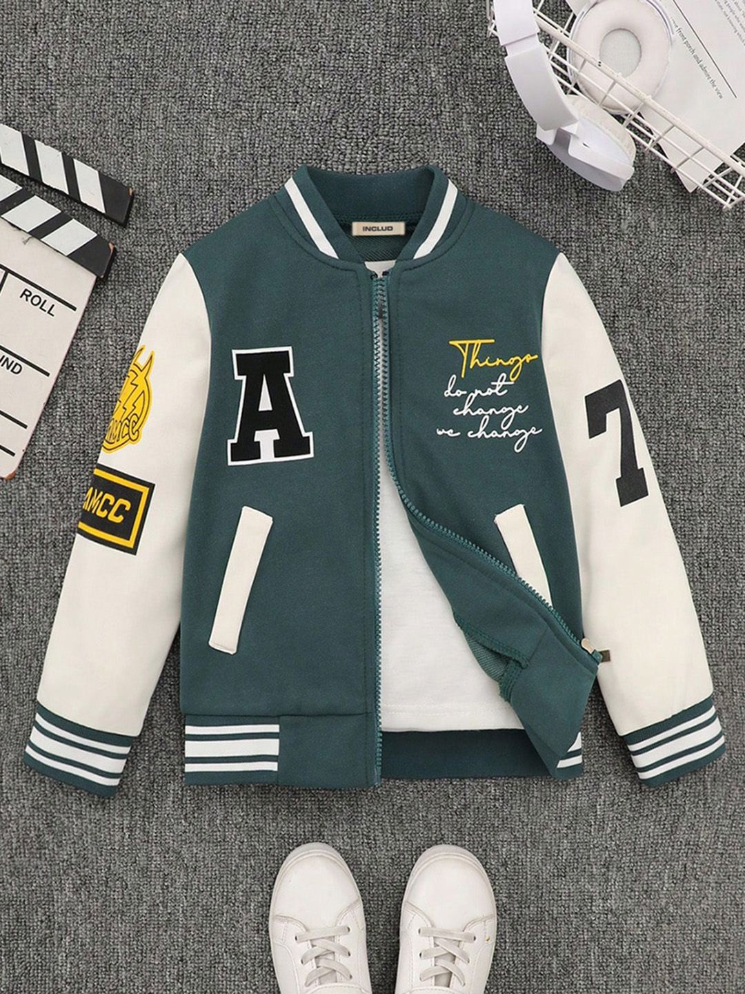 

INCLUD Boys Colourblocked Open Front Jacket with Patchwork, Green