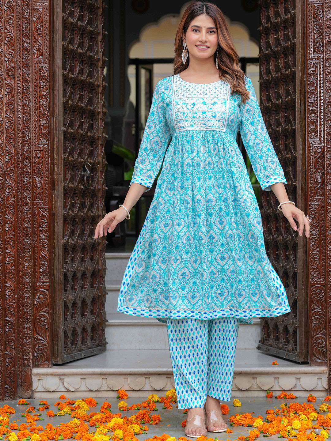 

BAESD Ethnic Motifs Embroidered Thread Work Round Neck A-Line Kurta with Trouser, Blue