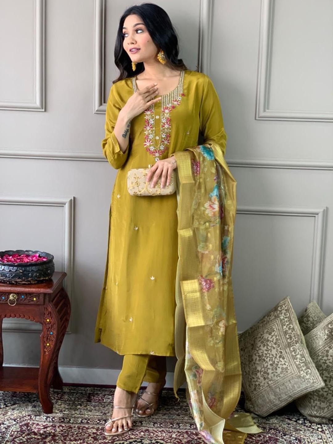 

KALINI Women Ethnic Motifs Embroidered Chanderi Silk Kurta with Trousers Dupatta, Mustard
