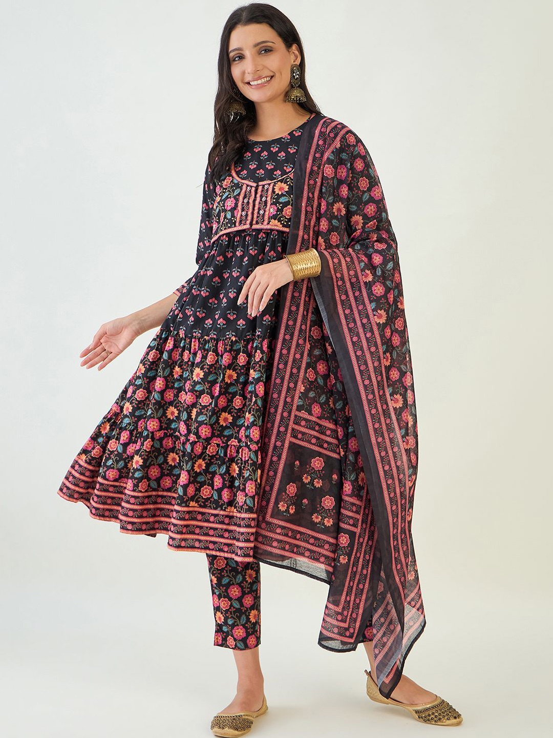 

Anouk Women Floral Printed Regular Pure Cotton Kurta with Trousers & With Dupatta, Black