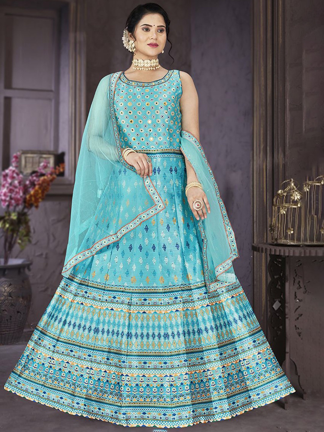 

Krimmple Printed Fit & Flared Maxi Ethnic Dress With Dupatta, Blue