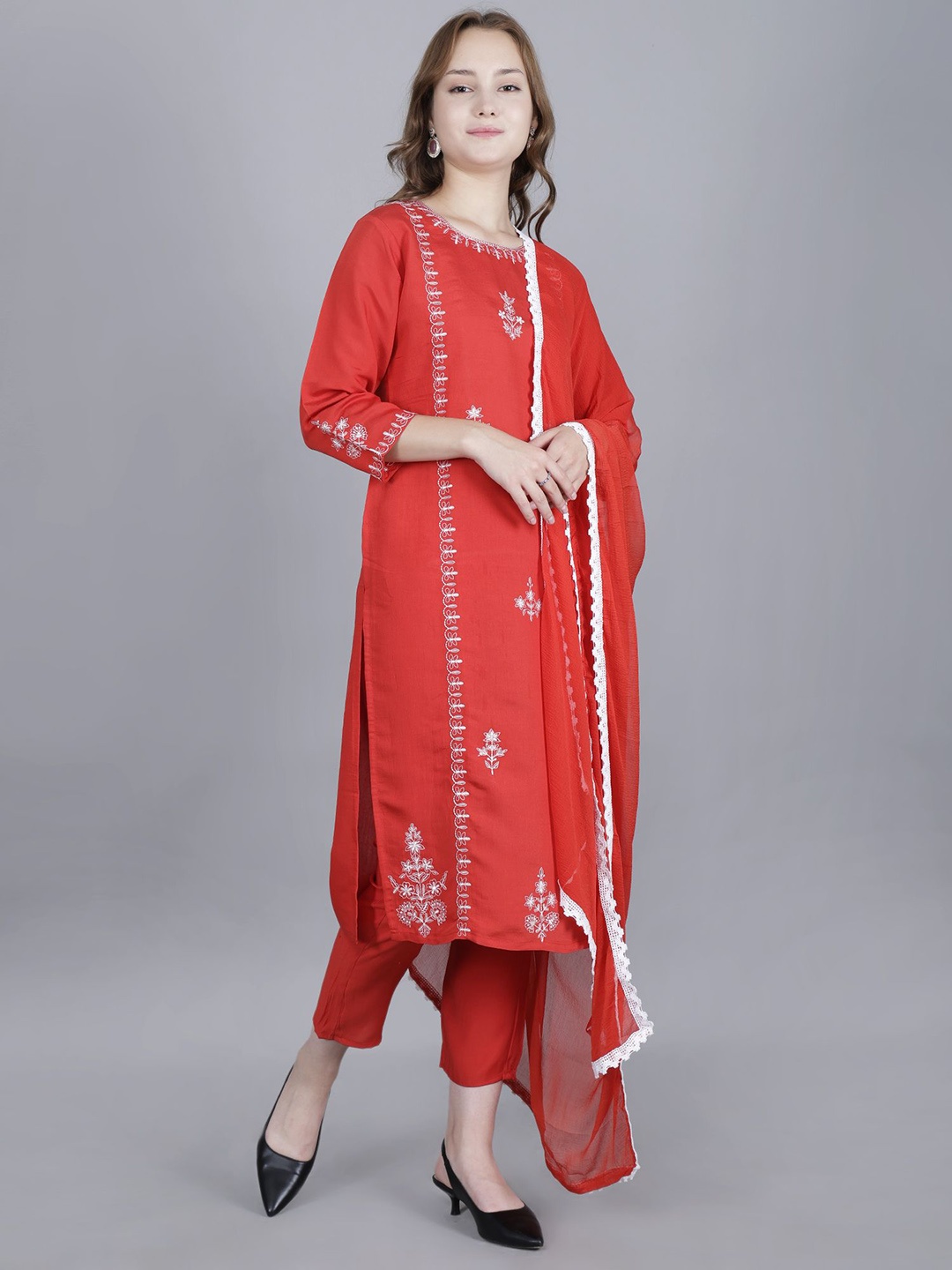 

FASHIRE Women Floral Embroidered Regular Mirror Work Kurta with Trousers & Dupatta, Red