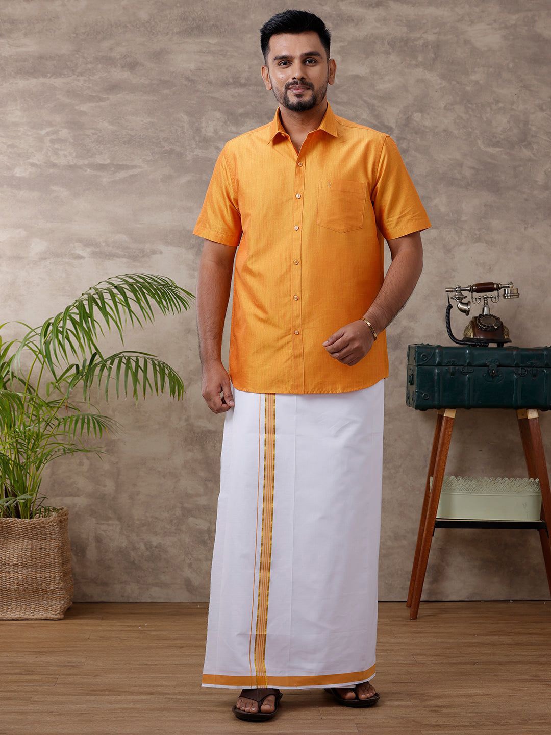 

RAMRAJ Men Solid Traditional Cotton Shirt And Matching Fancy Border Dhoti, Yellow