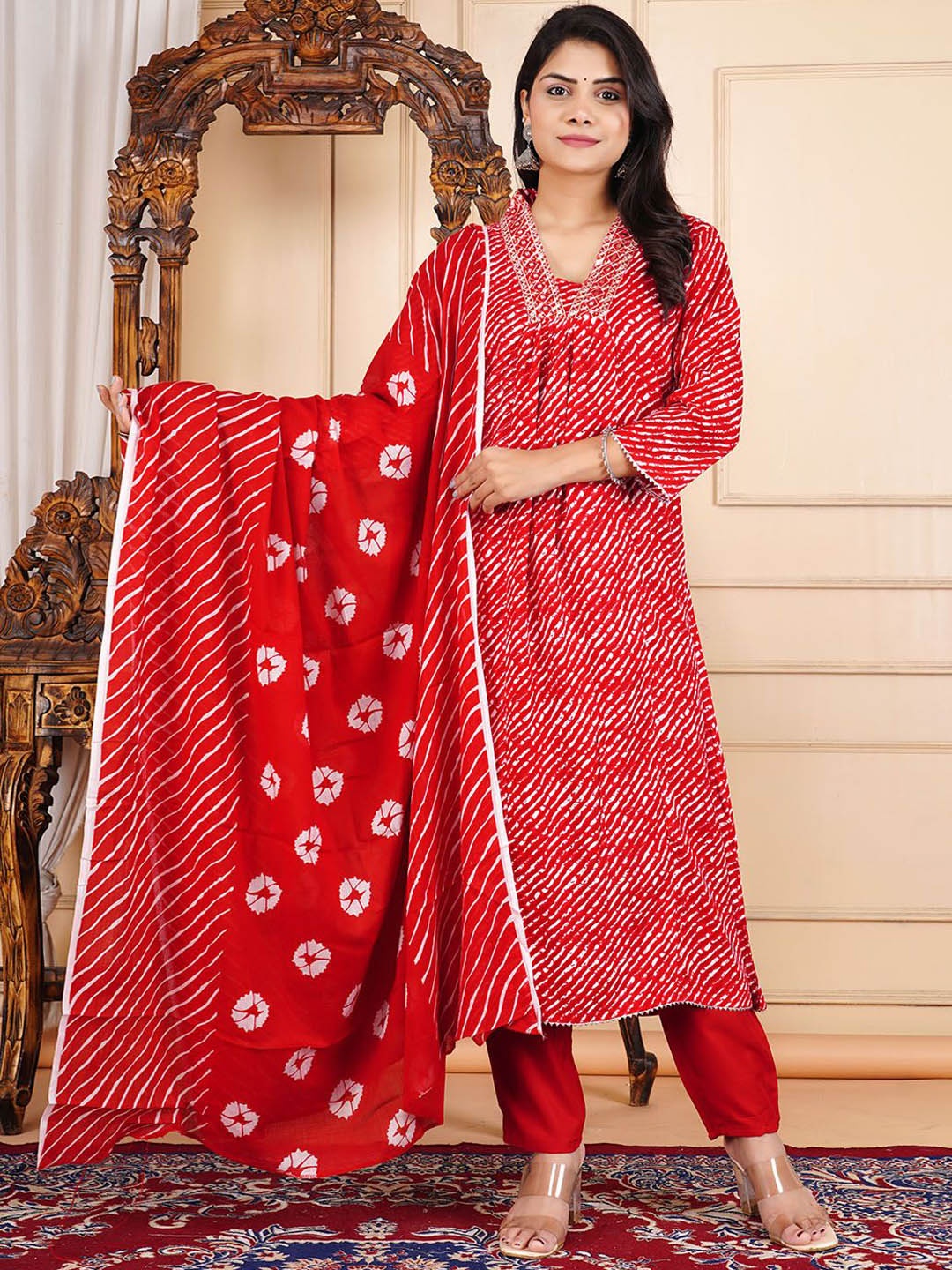 

Meena Bazaar Leheriya Printed V-Neck Regular Kurta With Trousers With Dupatta, Red