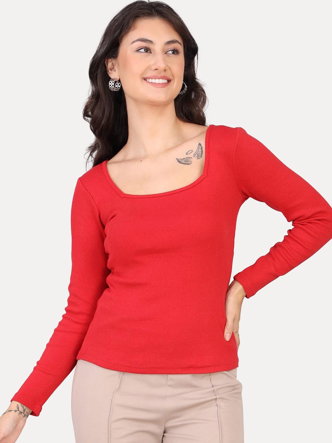 

VISO Women Solid Square Neck Top, Red