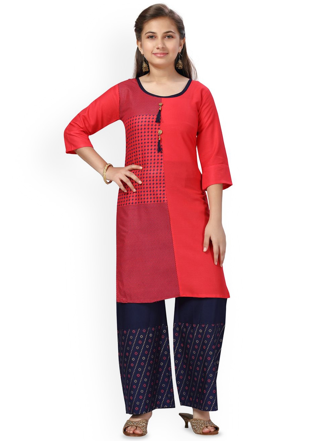 

BAESD Girls Printed Pure Cotton Round Neck Kurti Palazzo Set, Red