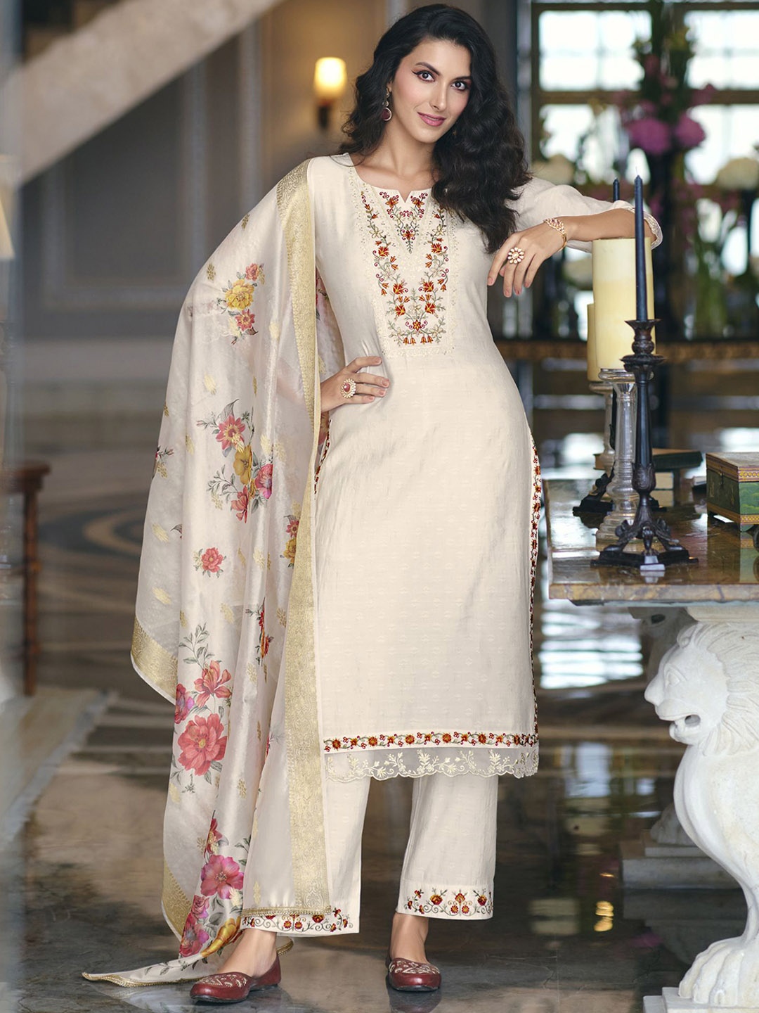 

MOJILAA Women Floral Embroidered Sequinned Kurta with Palazzos & With Dupatta, Off white