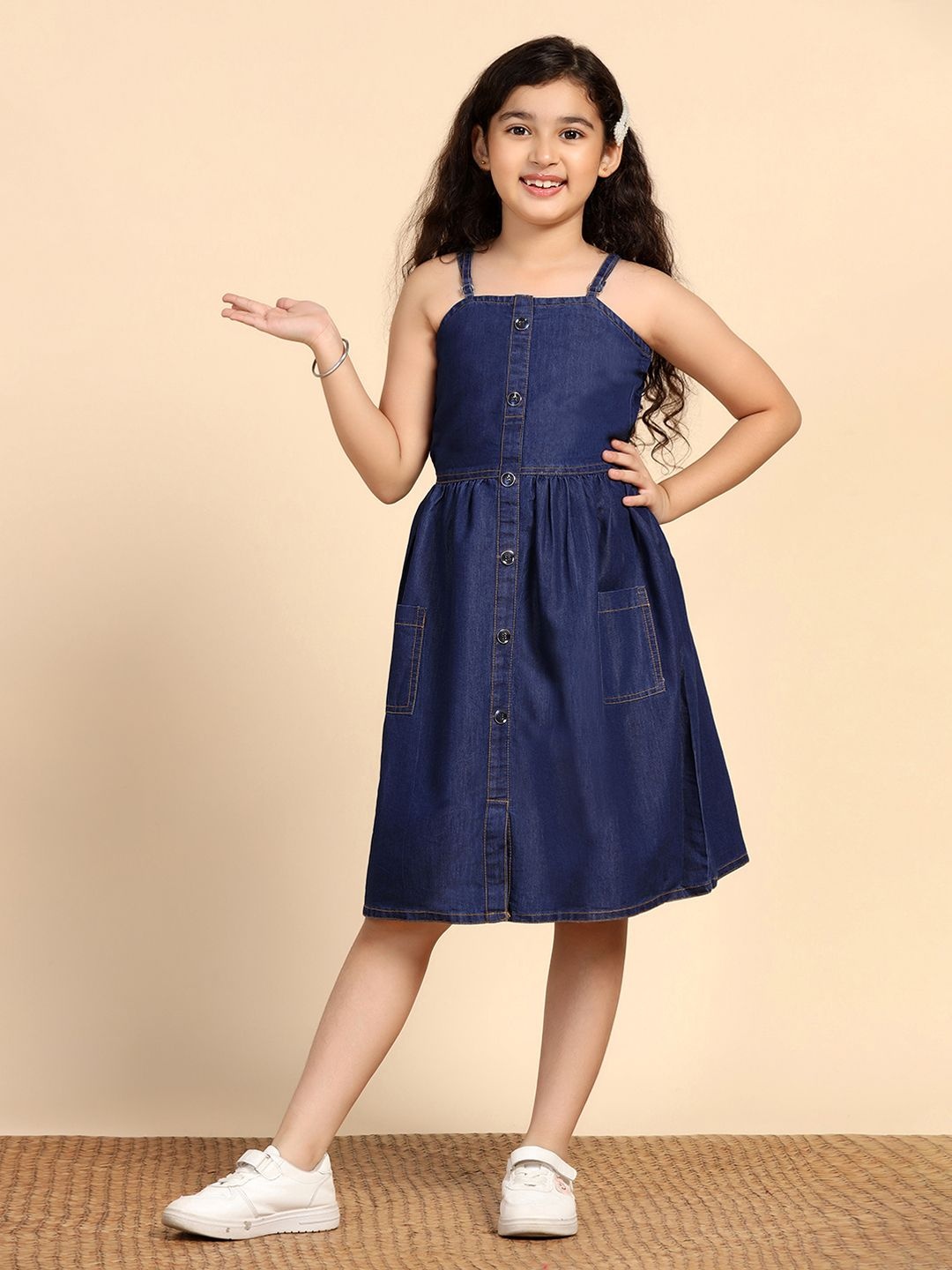 

OMPAX Girls Shoulder Straps Denim Fit & Flare Dress, Blue