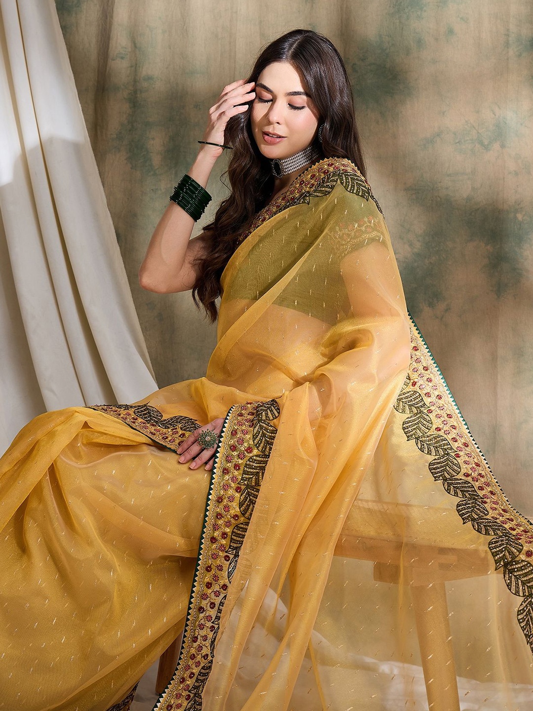 

Sangria Floral Embroidered Organza Saree, Yellow